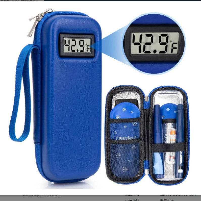Blue insulin cooler travel case with temperature display