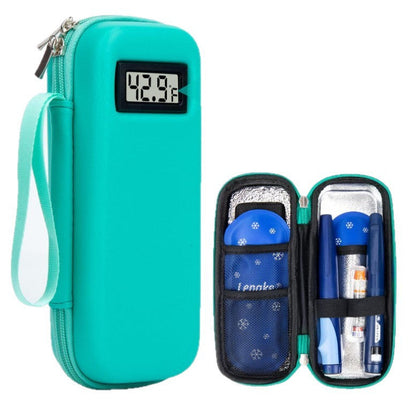 Green insulin cooler travel case with temperature display